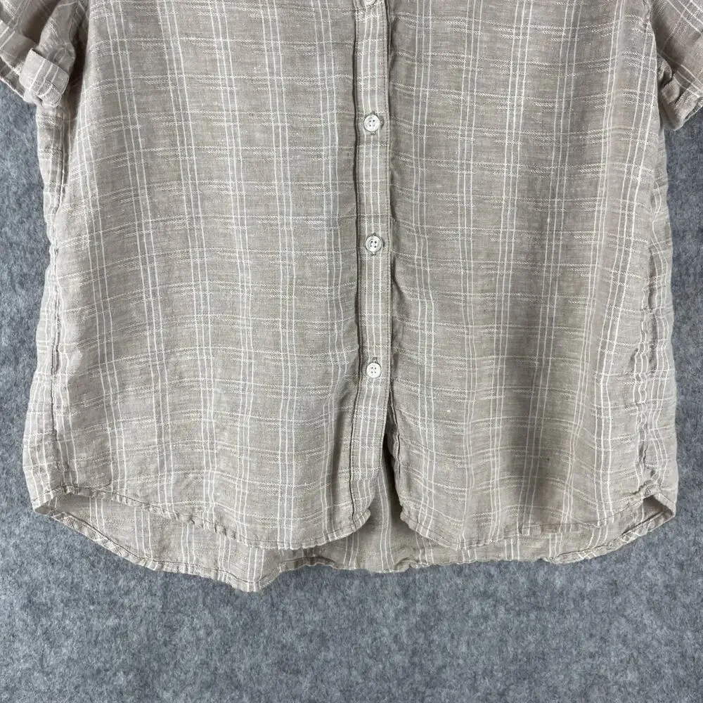 Tommy Bahama Linen Top Womens Medium Beige Plaid Short Sleeve Coastal Beachy - Picture 3 of 12